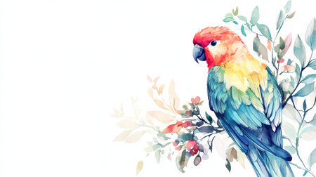 A vibrant parrot sits on a branch, showing its beautiful feathers while surrounded by delicate leaves, providing ample space for additional text.の素材