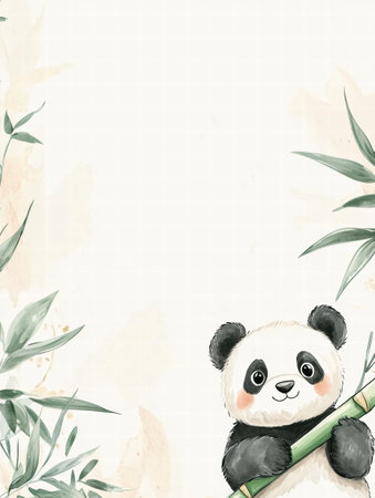 A cute panda joyfully holds bamboo, surrounded by soft greenery, offering a tranquil backdrop. Perfect for adding personalized text.の素材