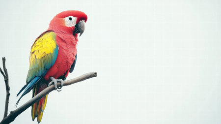 A vivid parrot sits calmly on a branch against a simple background, providing plenty of room for added text or design elements.の素材