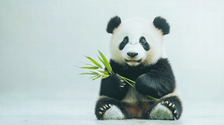 A cute panda sits and enjoys holding a piece of bamboo in a calm and simple setting that allows for text addition or design elements.の素材