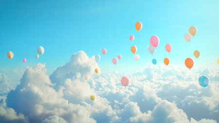 A cluster of vibrant balloons floats effortlessly in a clear blue sky, creating a joyful contrast against soft, white clouds.の素材