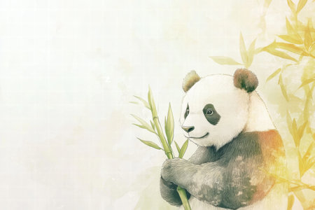 A cute panda is holding bamboo in its paws with a calm expression, surrounded by a gentle, blurred background.の素材