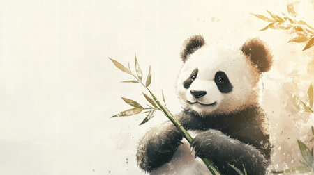 A playful panda holds a piece of bamboo in a serene natural environment, offering a tranquil setting with ideal space for text placement.の素材