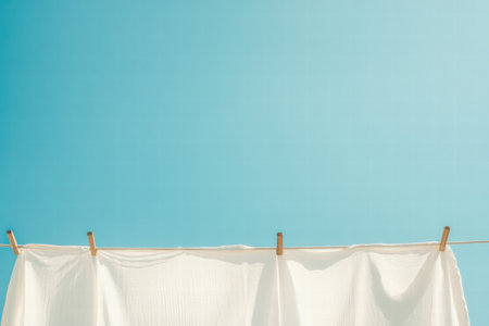 Fresh white clothing hangs on a clothesline, gently swaying in the warm breeze under a clear blue sky, perfect for showcasing text.の素材