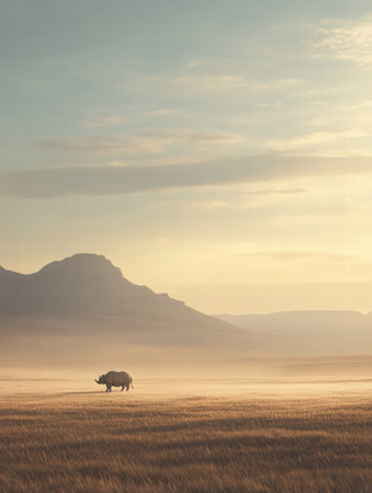 A solitary rhino wanders through a vast, empty savanna, surrounded by distant mountains and soft morning light, creating a tranquil setting.の素材