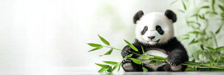 A playful panda sits contentedly while holding bamboo, surrounded by greenery, creating a peaceful and inviting atmosphere.の素材