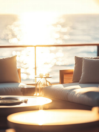 Relax on the luxurious yacht deck adorned with stylish furniture while watching the sun set over the sparkling ocean waters.の素材