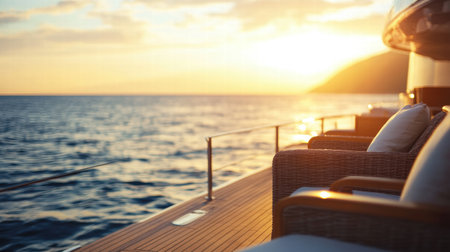 Elegant seating on a yacht deck offers breathtaking ocean views as the sun sets, creating a serene atmosphere for relaxation.の素材