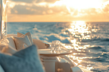A tranquil yacht deck offers stylish furniture and shimmering glasses as the sun sets on the horizon over the ocean waves.の素材