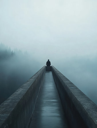 A solitary person sits quietly at the edge of a fog covered bridge, surrounded by an atmosphere of solitude and mystery during early morning.の素材