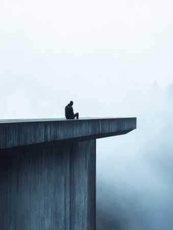 A single person sits on the edge of a bridge shrouded in fog, conveying a deep sense of solitude during a quiet moment of reflection.の素材
