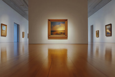 Visitors admire exquisite artworks in a luxurious art gallery with elegant design and stunning natural light enhancing the experience.の素材