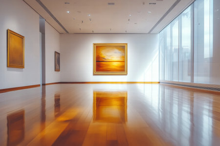 A spacious art gallery features modern and classic artworks displayed elegantly. Natural light enhances the vibrant colors and ambiance.の素材