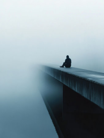 A solitary person rests on the edge of a misty bridge, surrounded by fog and silence, evoking a sense of deep introspection and solitude.の素材