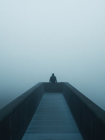 A solitary figure sits quietly on the edge of a fog covered bridge, lost in thought as morning mist envelops the surroundings.の素材