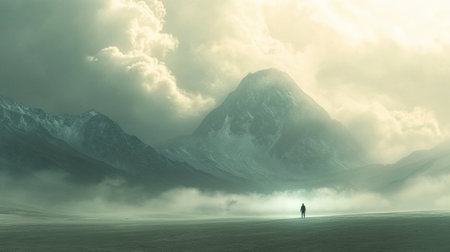 A solitary figure stands at the foot of a towering mountain surrounded by ethereal clouds, experiencing a profound sense of loneliness during dawn.の素材