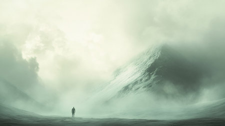 A solitary person stands at the foot of an immense mountain enveloped by swirling mist, evoking a sense of isolation during early morning.の素材