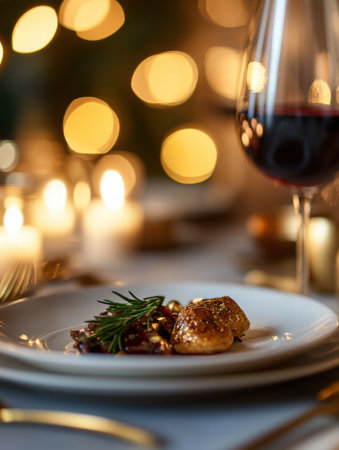 A beautifully arranged dining table showcases an exquisite gourmet dish paired with fine wine, illuminated by soft candlelight.の素材
