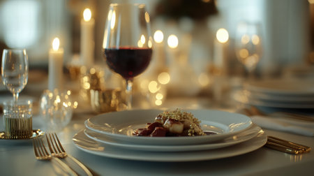 A beautifully arranged dining table showcases a gourmet dish with fine wine and candles, perfect for an upscale gathering or celebration.の素材