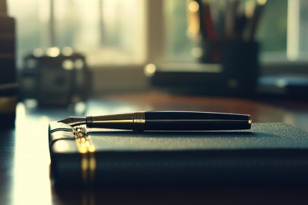 A luxury fountain pen with gold details rests on a classic notebook, illuminated by warm sunlight streaming through the window in a serene workspace.の素材
