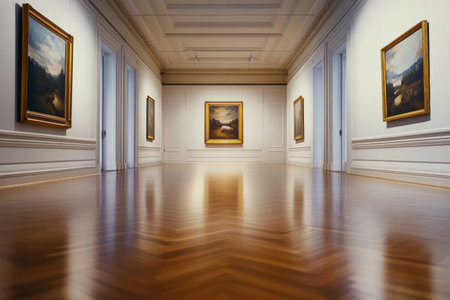 Enter a sophisticated art gallery showing beautiful landscapes and serene artwork, illuminated by natural light through large windows.の素材