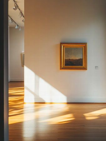 Sunlight streams through large windows, illuminating a sophisticated art gallery adorned with exquisite paintings and warm wood floors.の素材