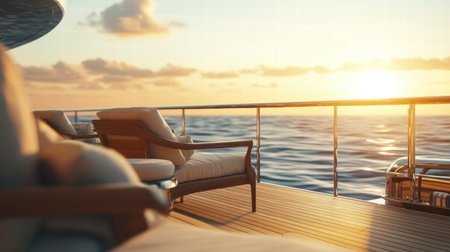 A peaceful luxury yacht deck showcases stylish furniture with the sun setting over serene ocean waters in the background.の素材