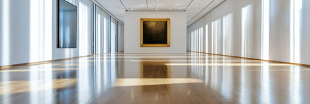 An elegant art space features a prominent painting surrounded by bright sunlight streaming through large windows, enhancing the atmosphere.の素材