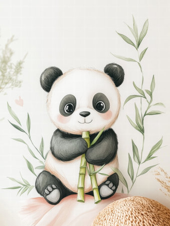 A cute panda holds fresh bamboo, sitting serenely among gentle green plants, creating a calming atmosphere perfect for nature lovers.の素材