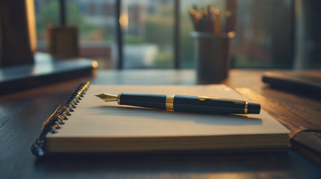 A luxury fountain pen with gold accents rests on an open notebook in a stylish workspace, illuminated by warm golden light from nearby windows.の素材