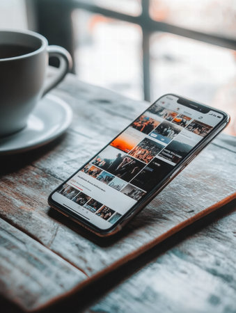 A smartphone rests on a wooden surface, showcasing a vibrant social media feed next to a steaming cup of coffee in a warm atmosphere.の素材