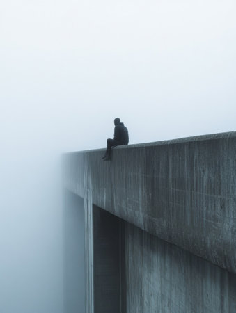 A solitary person sits on the edge of a fog covered bridge, surrounded by an ethereal, dreamlike mist, evoking profound loneliness and reflection.の素材