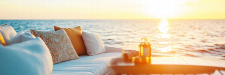 Enjoy the tranquil atmosphere on a luxury yacht deck, featuring elegant furniture and breathtaking ocean views during sunset.の素材