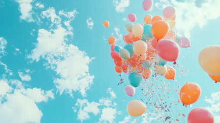 A vibrant cluster of balloons ascends into the bright blue sky, surrounded by fluffy clouds on a cheerful day filled with sunshine.の素材