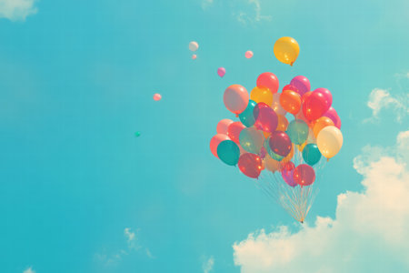 A vibrant cluster of balloons rises gracefully against a clear blue sky, embodying a joyful atmosphere and carefree spirit.の素材