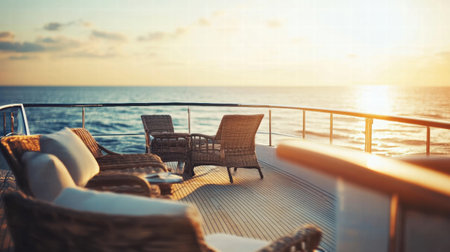 Guests relax on an opulent yacht deck, enjoying upscale furniture while watching a beautiful sunset over the serene ocean.の素材