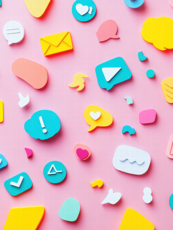 Various colorful icons representing social media interactions are arranged on a soft pink background, showing vibrant communication styles.の素材