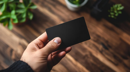 A hand presents a sleek black gift card against a wooden background, surrounded by greenery, offering space for personalization and design.の素材