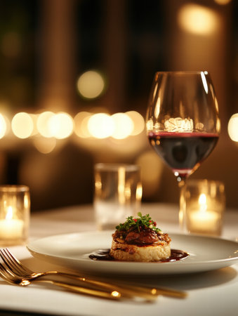 A beautifully arranged dining table displays an exquisite gourmet dish accompanied by a glass of fine wine, all illuminated by candlelight.の素材