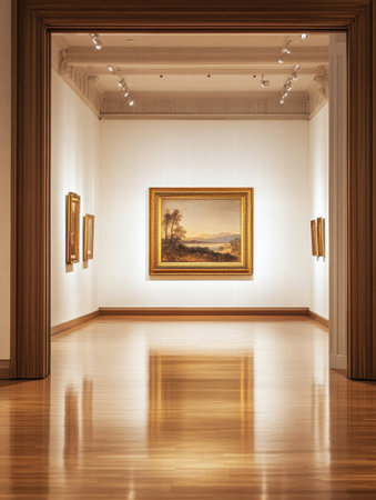 Visitors enjoy the serene ambiance of a luxurious art gallery showcasing beautiful paintings on pristine walls with refined decor.の素材