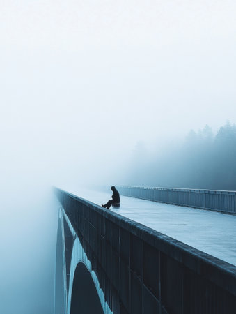 A lone person sits quietly on the edge of a foggy bridge, lost in thought as thick mist envelops the surroundings, creating a mood of solitude.の素材