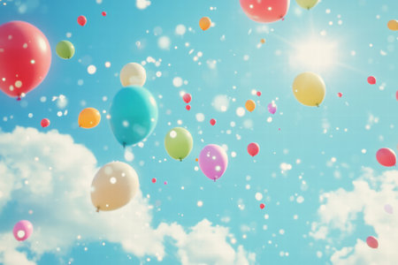A cluster of vibrant balloons drifts through a bright blue sky filled with soft white clouds, capturing the essence of celebration and joy.の素材
