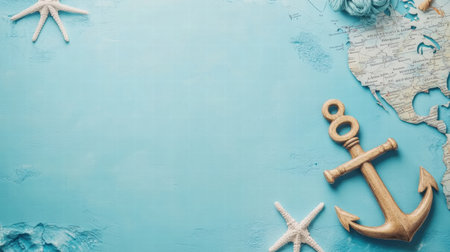 Nautical elements including an anchor and starfish are arranged on a blue background with a map, offering space for creative text or designs.の素材