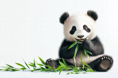 A panda contentedly munches on fresh bamboo while sitting on a plain surface, surrounded by green leaves and room for textual content.の素材