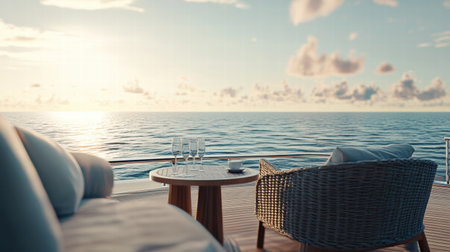 Relaxation unfolds on a luxury yacht deck showcasing stylish furniture with stunning sunset reflections over the calm ocean waters.の素材