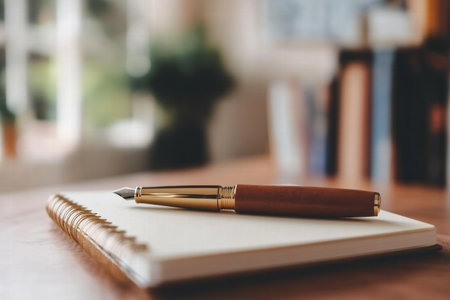 A luxurious fountain pen with gold accents is placed on an open notebook in a warm study. Natural light illuminates the workspace filled with books.の素材