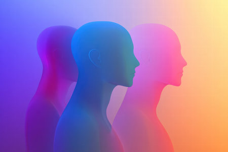 Brightly colored abstract faceless avatars are arranged against a smooth gradient background, ideal for adding custom text or designs.の素材