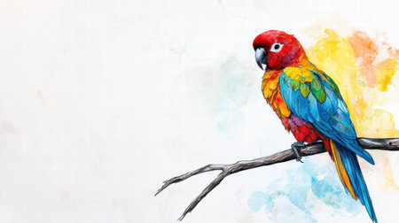A bright parrot sits on a branch, showing its vivid feathers against a soft, colorful backdrop, perfect for adding text or designs.の素材
