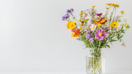 Wildflowers in vibrant colors are arranged in a clear glass vase, set against a plain background that offers space for text or graphics.の素材