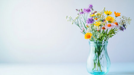 A clear glass vase holds a lovely collection of wildflowers, showcasing bright colors against a soft background with space for additional text.の素材
